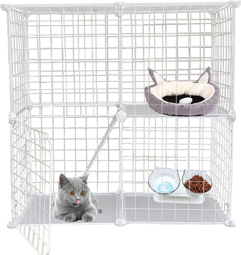 MUYG قفص قطائل من طابقين يمكن تصنيعه في المنزل (DIY Cat Cage)، قفص معدني قابل للفك للحيوانات الصغيرة داخل المنزل (Small Animal Indoor Detachable Metal Cage)، صندوق لتربية القطط يوفر مساحة كبيرة للتمرين (Cats Kennel Crate Large Exercise Place)، أقفاص للقطط مزودة ببابين (Kitten Enclosures with 2 Doors)، أبعاد: 29.5 × 15.3 × 28.7 بوصة، لون أبيض. - Image 1