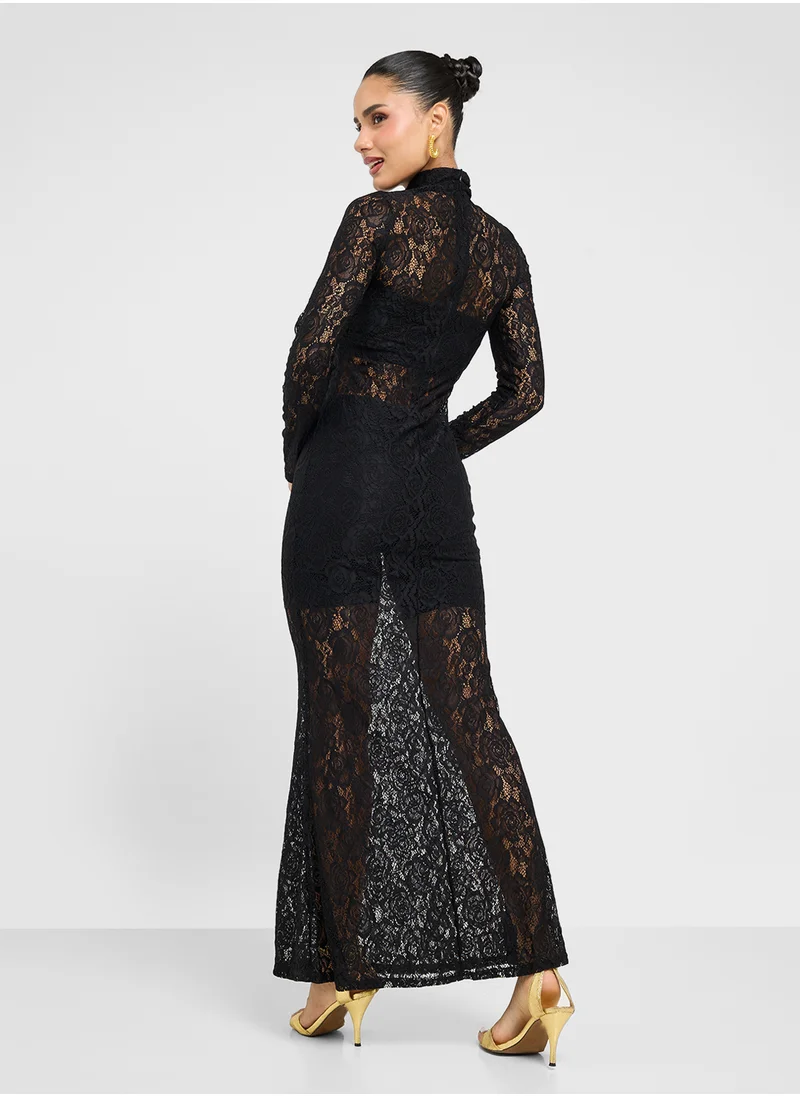 جينجر Mock Neck Lace Bodycon Dress
