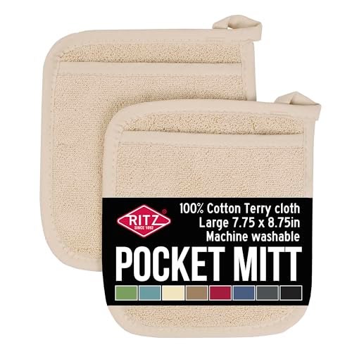 RITZ Terry Pocket Mitt & Hot Pad: Unparalleled Heat Resistant, Durable 100% Cotton – Ergonomically Designed for Optimal Grip – Easy-Care Machine Washable – 2-Pack, Latte - Image 1