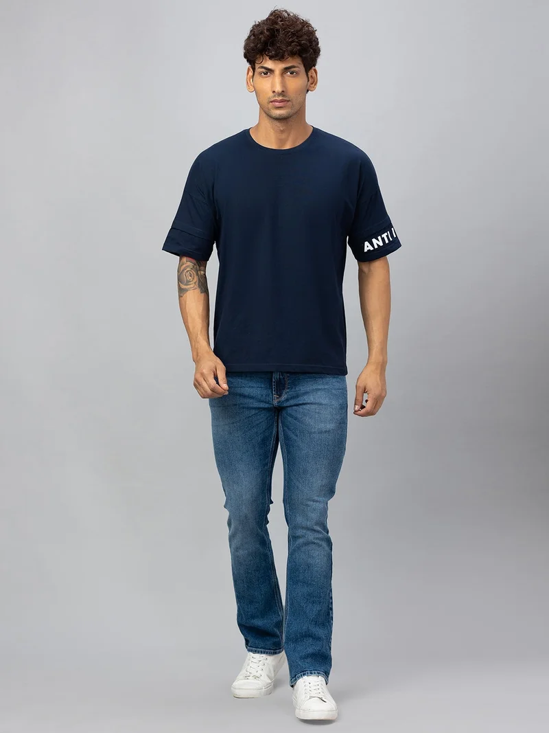 globus Globus Men Navy Solid Round Neck Cotton Loose Fit Sports T-shirt