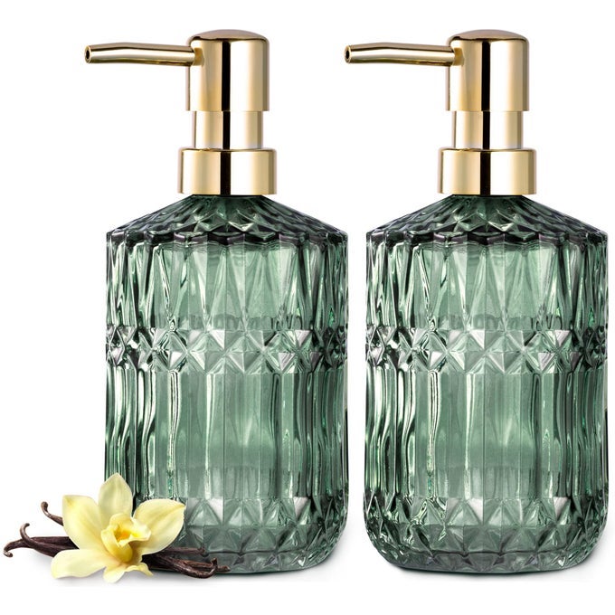 CLEAR GLASS SOAP DISPENSER WITH ABS PLASTIC PUMP CRYSTAL LOTION DISPENSERS FOR KITCHEN SINK BATHROOM 2PACK GREEN