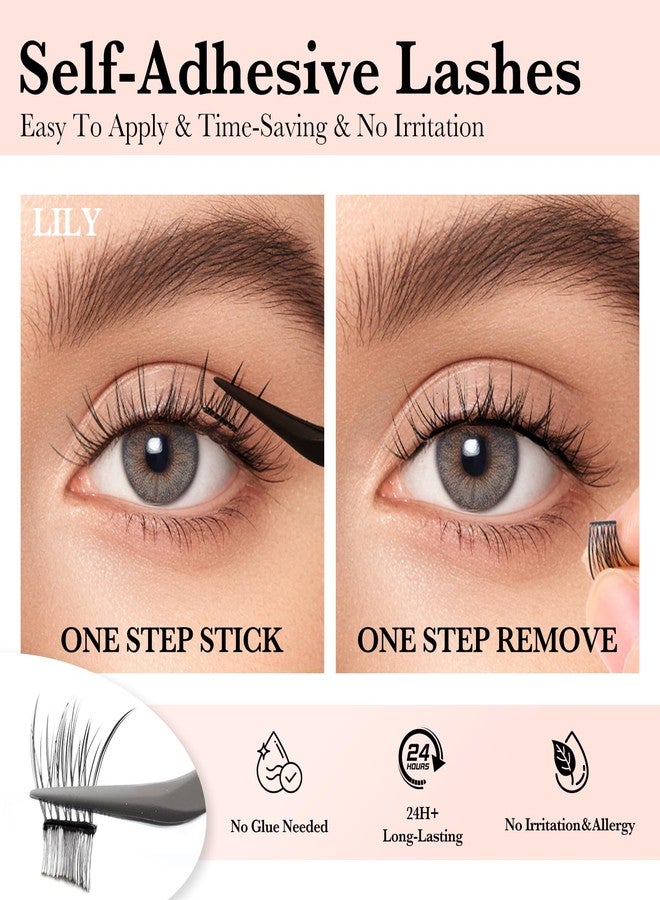 SIMER Self Adhesive Eyelashes Natural Wispy Clusters Press on Lash No Glue Needed Eyelash 10-12mm C Curl With Lash Tweezers Easy Apply on Lashes for Beginners (Lily Style) - Image 2