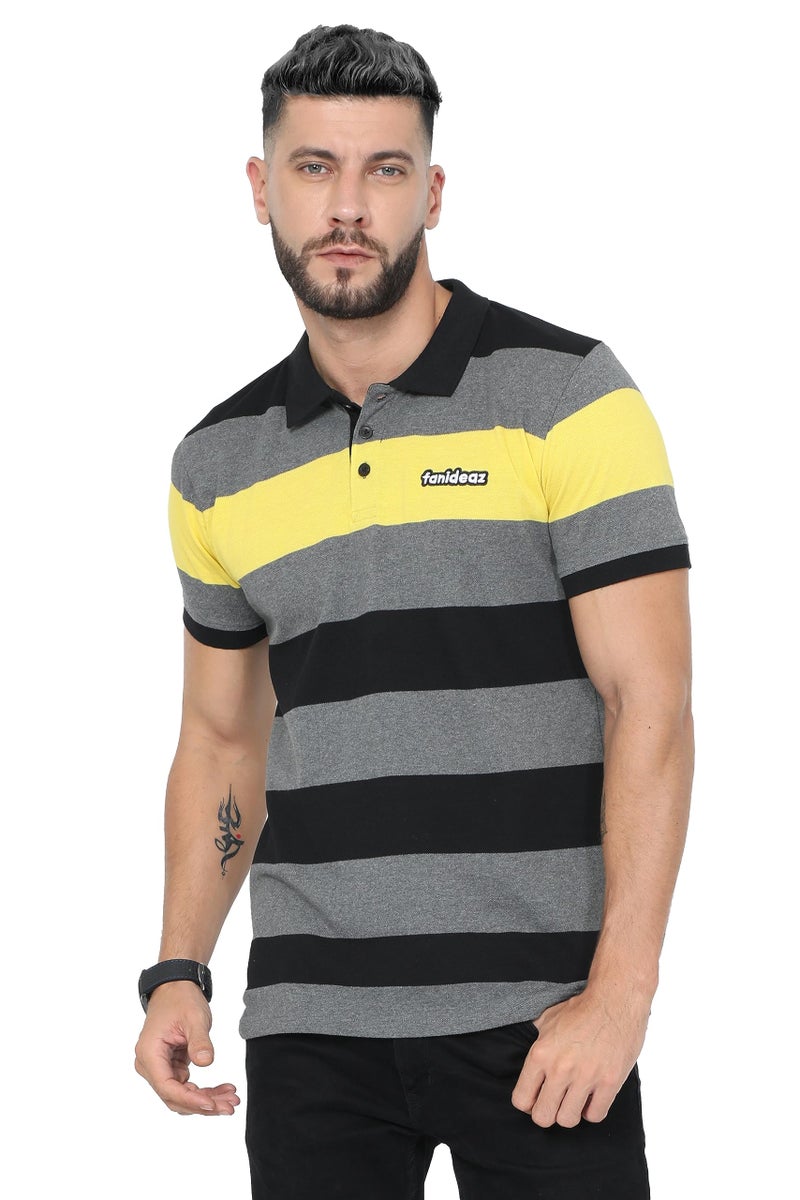 fanideaz Mens Polo Tee Half Sleeve Cotton Horizontal Stripes Soft Fabric Smart Casual Style_5034YL_2XL_Yellow - Image 1