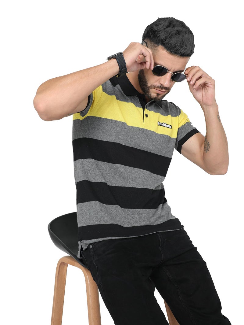 fanideaz Mens Polo Tee Half Sleeve Cotton Horizontal Stripes Soft Fabric Smart Casual Style_5034YL_2XL_Yellow - Image 3