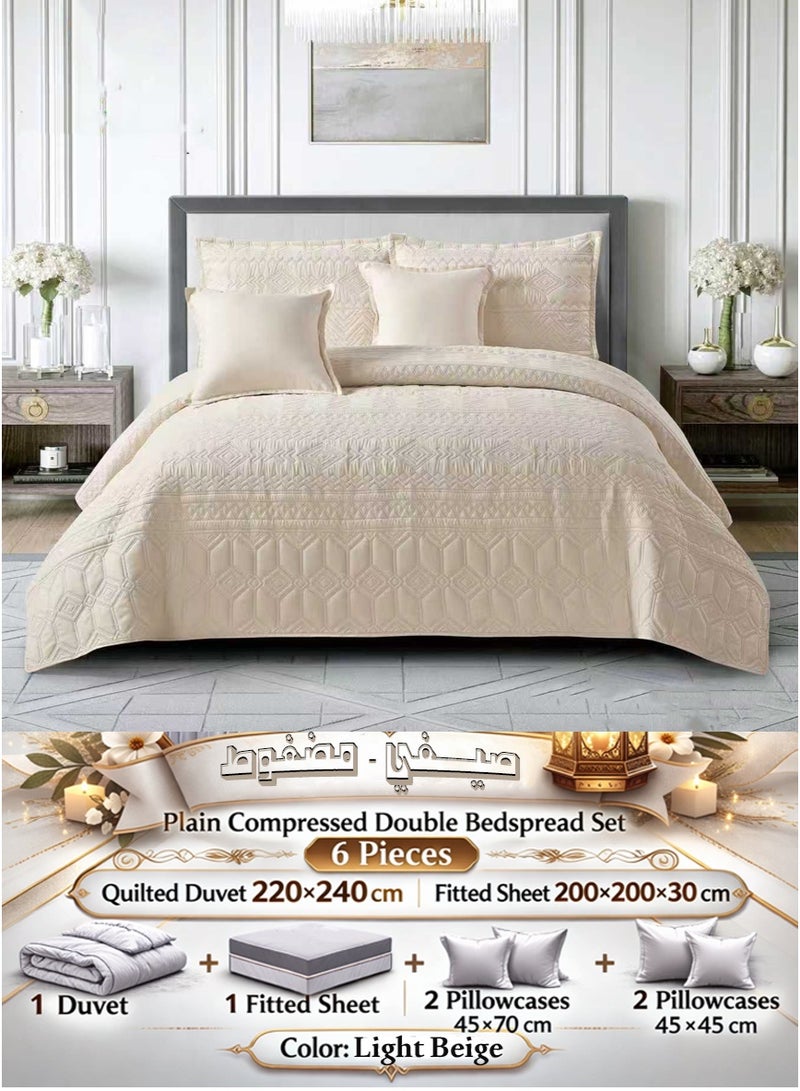 Miral Plain Compressed Double Bedspread Set – 6 Pieces – Quilted Duvet 220×240 cm with Fitted Sheet 200×200×30 cm - Image 1