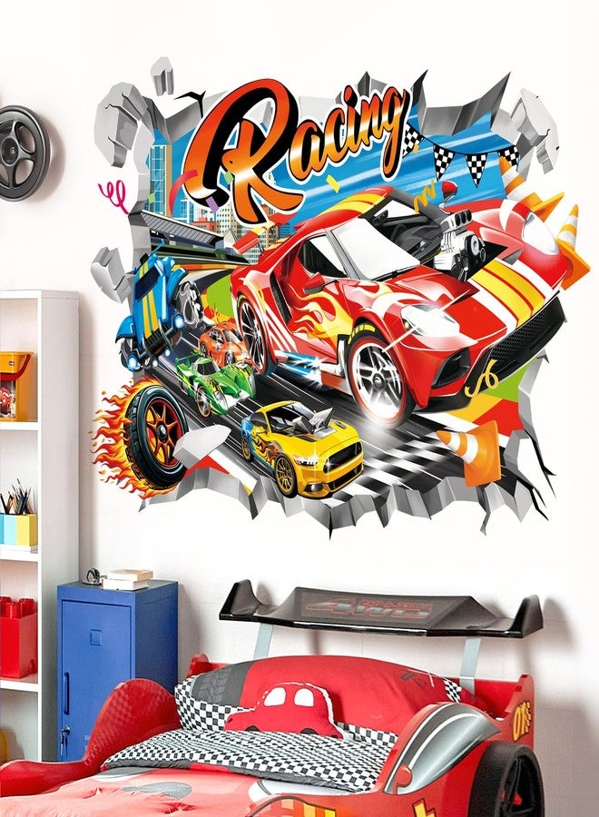 decalmile 3D Racing Cars Wall Stickers Break Through Red Cars Flags Wall Decals Boys Bedroom Kids Room Playroom Wall Decor - Image 1