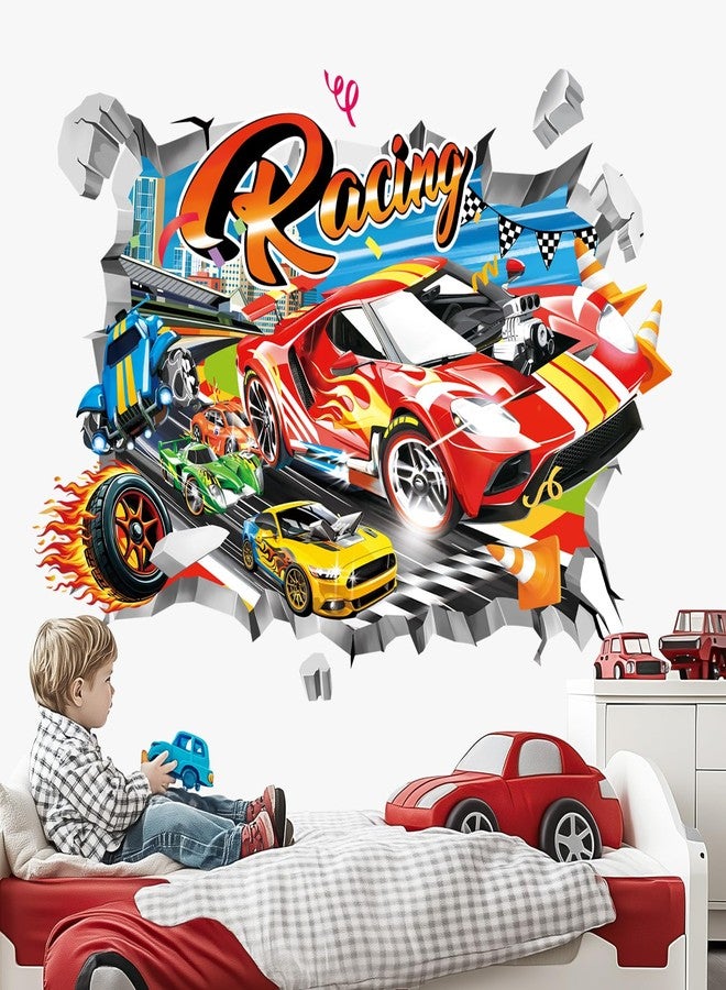 decalmile 3D Racing Cars Wall Stickers Break Through Red Cars Flags Wall Decals Boys Bedroom Kids Room Playroom Wall Decor - Image 2