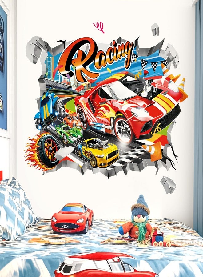 decalmile 3D Racing Cars Wall Stickers Break Through Red Cars Flags Wall Decals Boys Bedroom Kids Room Playroom Wall Decor - Image 3
