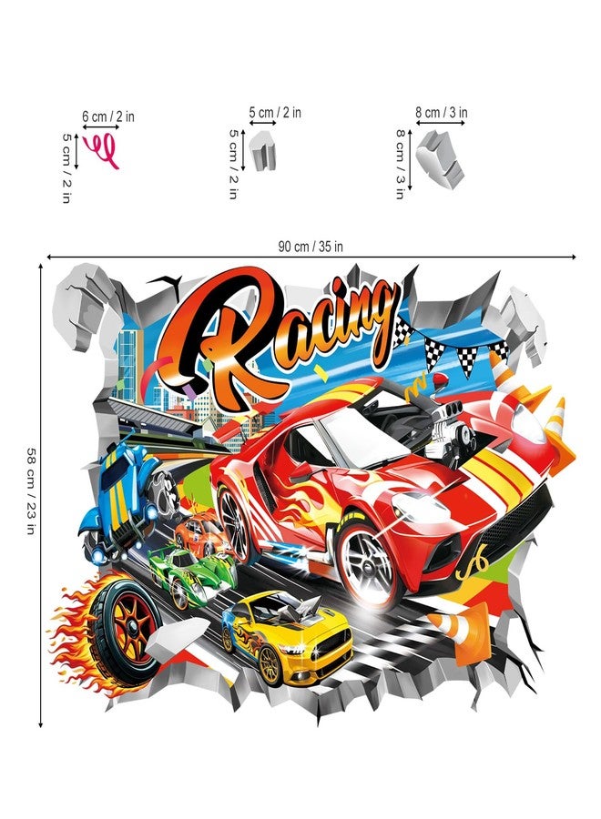 decalmile 3D Racing Cars Wall Stickers Break Through Red Cars Flags Wall Decals Boys Bedroom Kids Room Playroom Wall Decor - Image 4