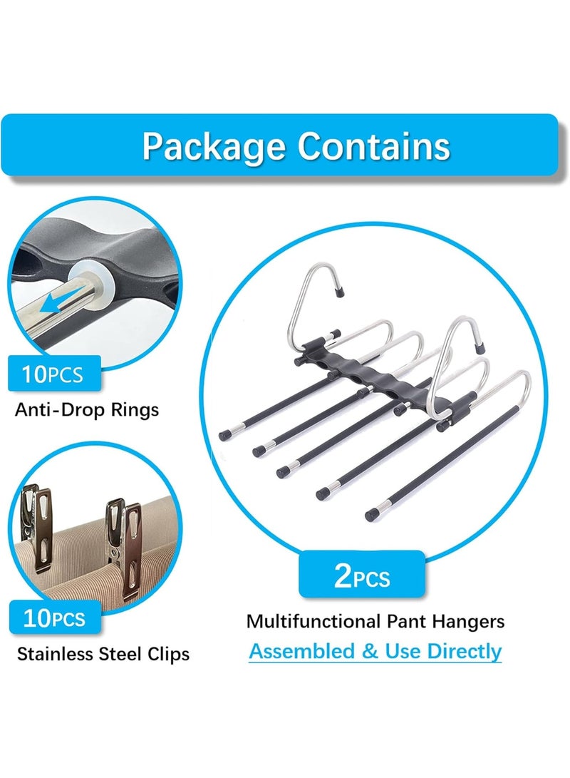 Magic Pants Hangers Space Saving - 2 Pack for Closet Multiple Layers Multifunctional Uses Rack Organizer for Trousers Scarves Slack (2 Pack with 10 Metal Clips) - Image 4