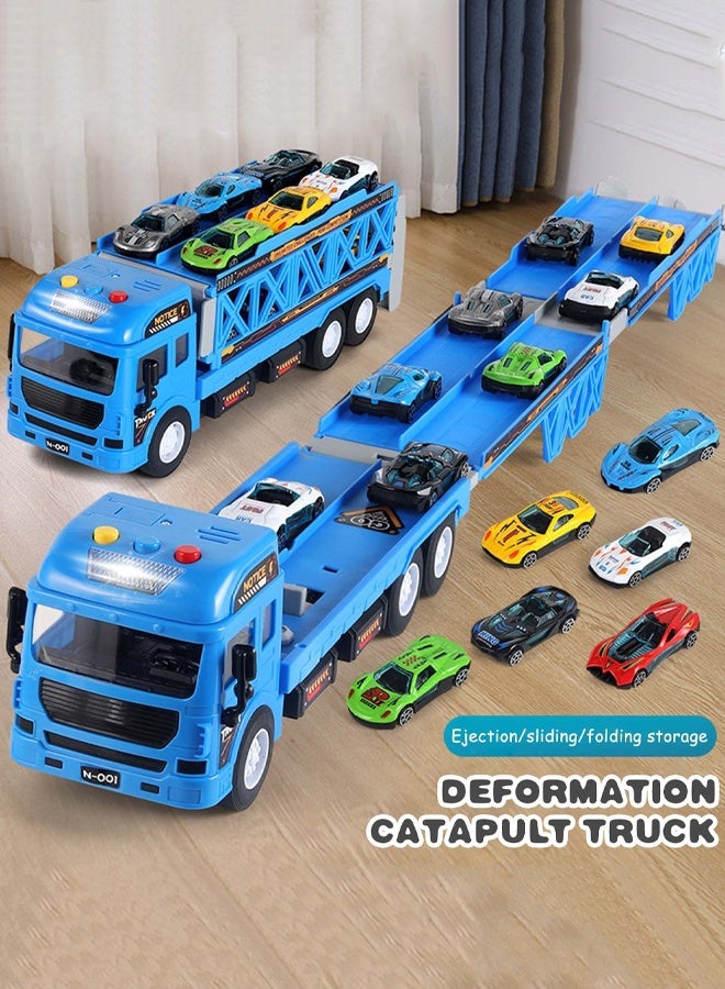 لعبة شاحنة سباق سيارات مع فتحات ومسارات سباق قابلة للطي، لعبة حاملة سيارات نقل للأطفال الصغار، مجموعة ألعاب سيارات، لعبة شاحنة حاوية مع 8 سيارات من السبائك المعدنية، مجموعة ألعاب للأطفال من 3 سنوات فما فوق، أولاد وبنات - Image 1