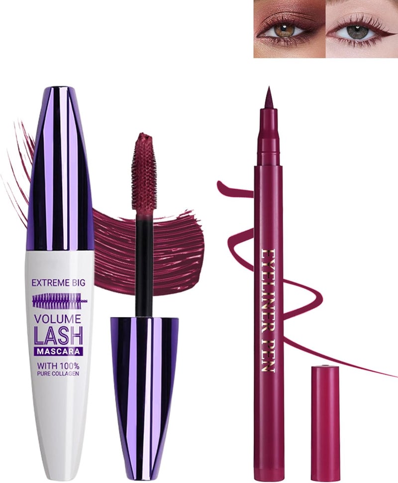 Lestpola Burgundy Waterproof Mascara & Eyeliner Set, 5D Silk Fiber Liquid Lash Extensions Colored Tubing Mascara Volume and Length, Long Wear, Smudge-Proof Curling Non-Clumping Mascara & Eyeliner Pen for Women - Image 1