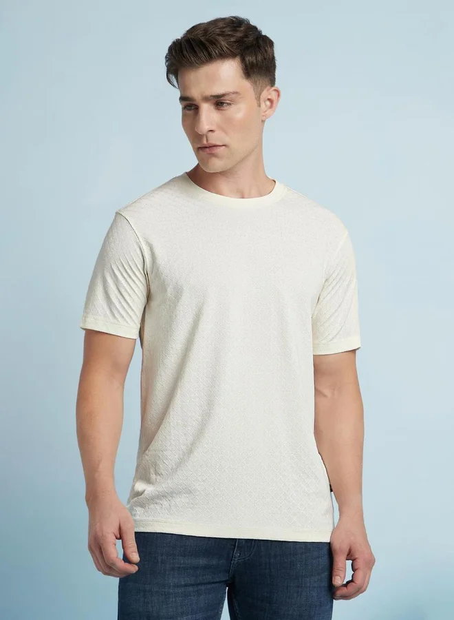Dennis Lingo Dennis lingo Men Off White Textured Regular Fit T-Shirt