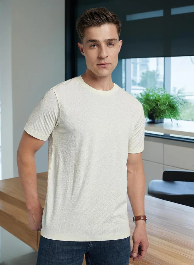 Dennis Lingo Dennis lingo Men Off White Textured Regular Fit T-Shirt