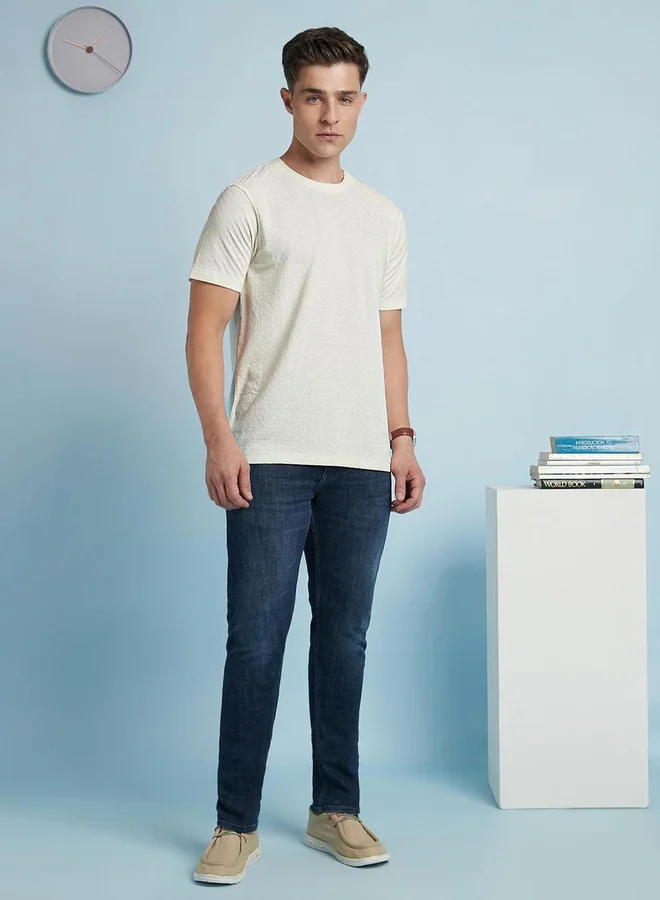 Dennis Lingo Dennis lingo Men Off White Textured Regular Fit T-Shirt