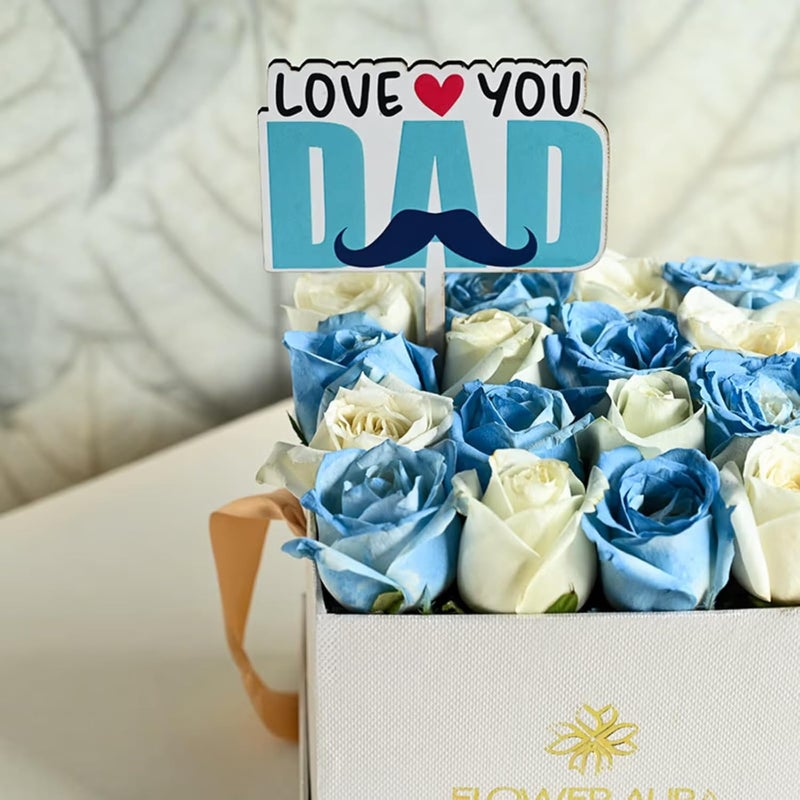 FlowerAura Fresh Flower Bouquet Gift 16 White Blue Rose Flowers With Topper For Birthday Gift Gift Gift For Papa Gift For Dad Gift For FatherInLaw Same Day Delivery - Image 2