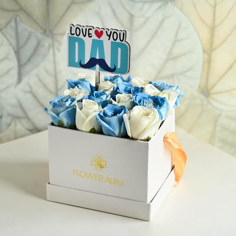 FlowerAura Fresh Flower Bouquet Gift 16 White Blue Rose Flowers With Topper For Birthday Gift Gift Gift For Papa Gift For Dad Gift For FatherInLaw Same Day Delivery - Image 1