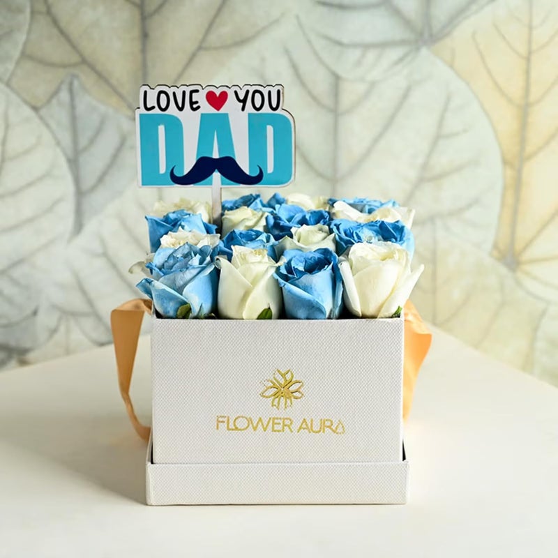 FlowerAura Fresh Flower Bouquet Gift 16 White Blue Rose Flowers With Topper For Birthday Gift Gift Gift For Papa Gift For Dad Gift For FatherInLaw Same Day Delivery - Image 3