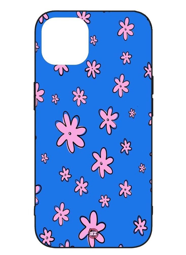 Service Zone Protective Printed Mobile Cover Pink Flower Art Design With Blue Background For Apple iPhone 14 Plus 