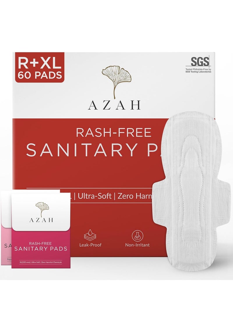 AZAH AZAH Sanitary Pads for Women (30 Reg + 30 XL) [Pack of 60] 100% Rash-Free sanitary napkins | 3x More Absorption, Cottony Soft and Dry Top Cover for heavy Flow | Leak-Proof | With Disposable Bag - Image 1
