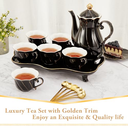 DUJUST 14 pcs Tea Set of 6 with Tea Tray & Spoons, Modern Diamond Design Tea/Coffee Cup Set with Golden Trim, Chic Porcelain Living Room Decor, Fine-china Teapot/Tea Party Set, Gift Package - Black - Image 2