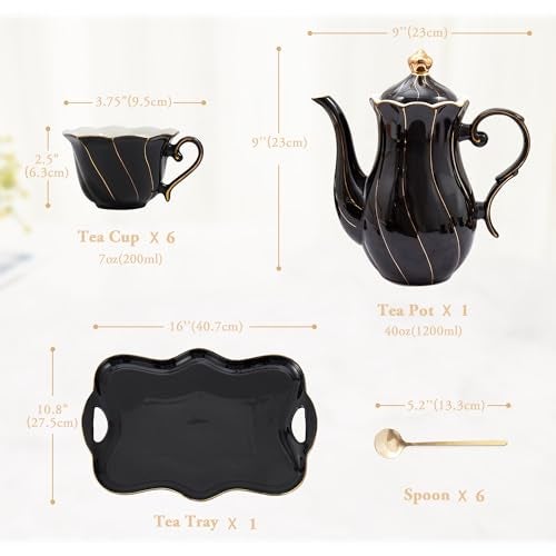 DUJUST 14 pcs Tea Set of 6 with Tea Tray & Spoons, Modern Diamond Design Tea/Coffee Cup Set with Golden Trim, Chic Porcelain Living Room Decor, Fine-china Teapot/Tea Party Set, Gift Package - Black - Image 5