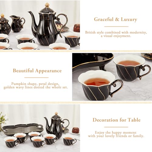 DUJUST 14 pcs Tea Set of 6 with Tea Tray & Spoons, Modern Diamond Design Tea/Coffee Cup Set with Golden Trim, Chic Porcelain Living Room Decor, Fine-china Teapot/Tea Party Set, Gift Package - Black - Image 3