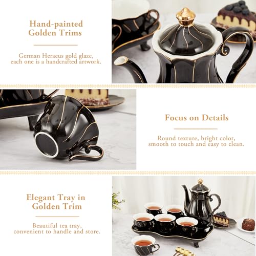 DUJUST 14 pcs Tea Set of 6 with Tea Tray & Spoons, Modern Diamond Design Tea/Coffee Cup Set with Golden Trim, Chic Porcelain Living Room Decor, Fine-china Teapot/Tea Party Set, Gift Package - Black - Image 4
