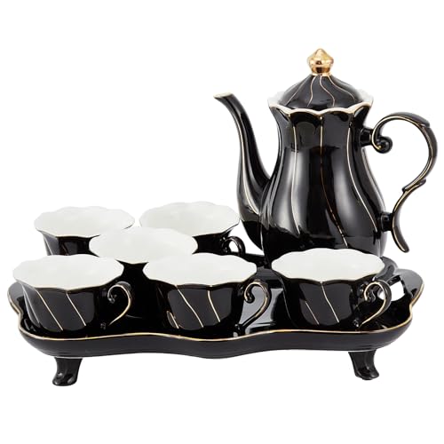 DUJUST 14 pcs Tea Set of 6 with Tea Tray & Spoons, Modern Diamond Design Tea/Coffee Cup Set with Golden Trim, Chic Porcelain Living Room Decor, Fine-china Teapot/Tea Party Set, Gift Package - Black - Image 1