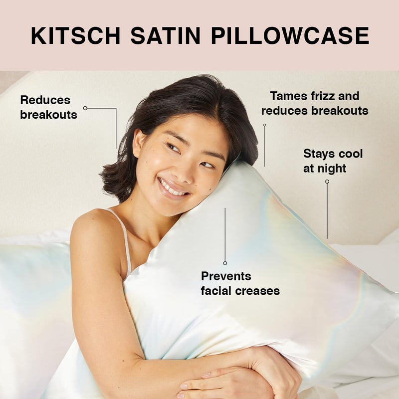 Kitsch Kitsch Well Rested Satin Pillowcase with Zipper for Hair & Skin - Softer Than Silk  Machine Washable  Wrinkle-Free - Queen/Standard (19x26) with Satin Scrunchie No-Damage Silk Hair Tie - Aura  - Image 3
