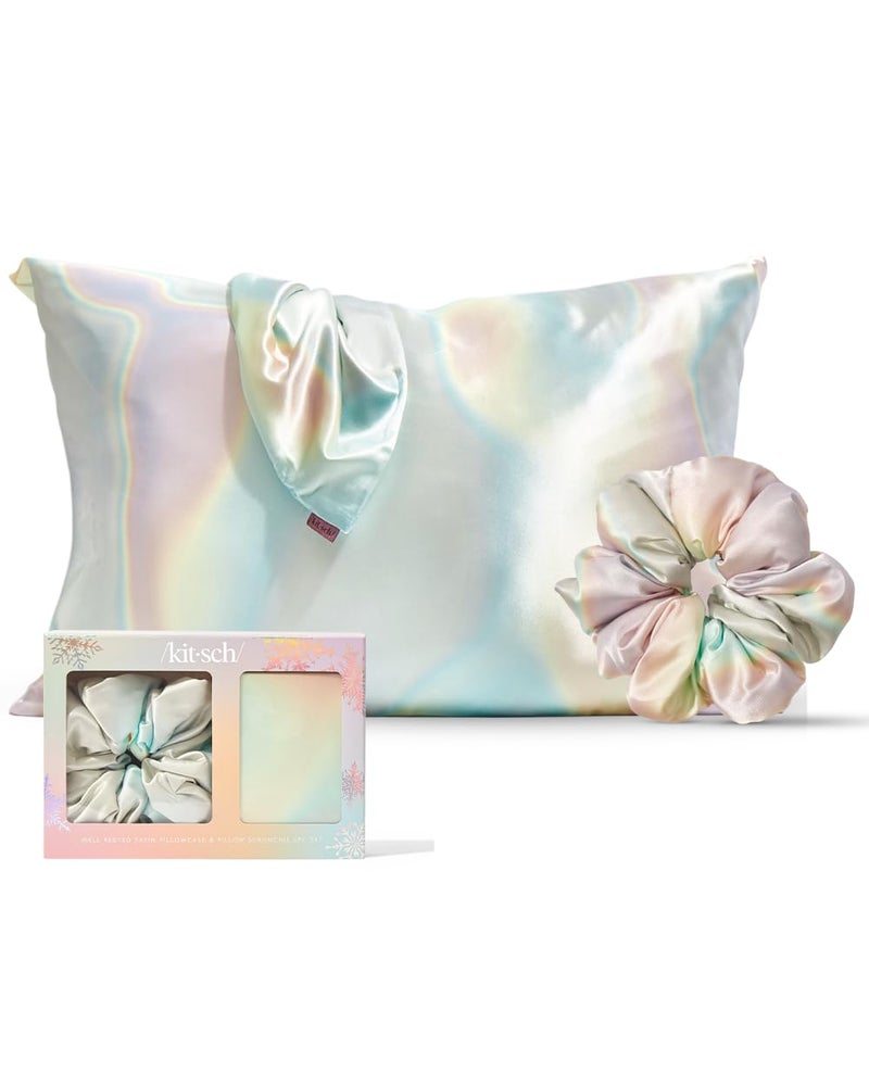 Kitsch Kitsch Well Rested Satin Pillowcase with Zipper for Hair & Skin - Softer Than Silk  Machine Washable  Wrinkle-Free - Queen/Standard (19x26) with Satin Scrunchie No-Damage Silk Hair Tie - Aura  - Image 1