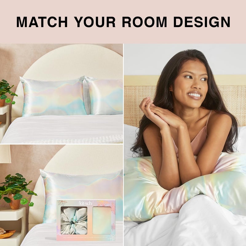 Kitsch Kitsch Well Rested Satin Pillowcase with Zipper for Hair & Skin - Softer Than Silk  Machine Washable  Wrinkle-Free - Queen/Standard (19x26) with Satin Scrunchie No-Damage Silk Hair Tie - Aura  - Image 5
