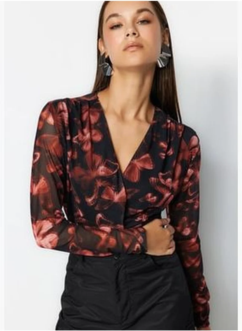 trendyol Black Printed Double Breasted Collar Long Sleeves With Snap Buttons Flexible Tulle Knitted Body TWOAW24BD00037