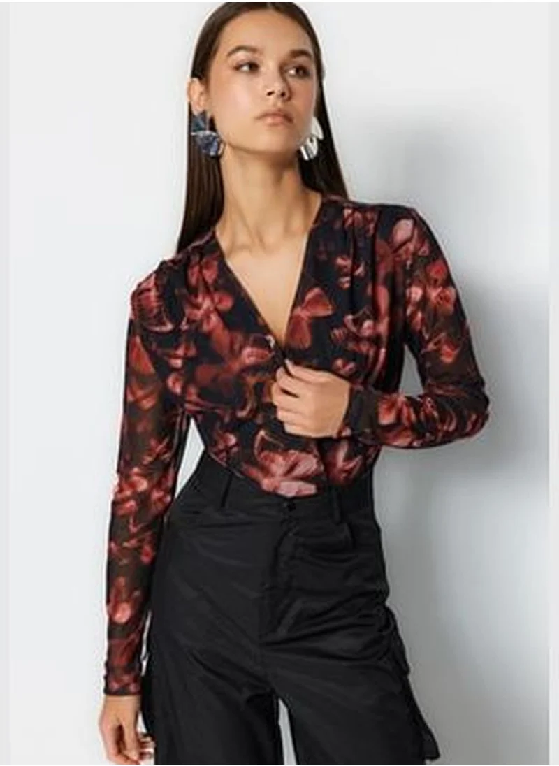 trendyol Black Printed Double Breasted Collar Long Sleeves With Snap Buttons Flexible Tulle Knitted Body TWOAW24BD00037