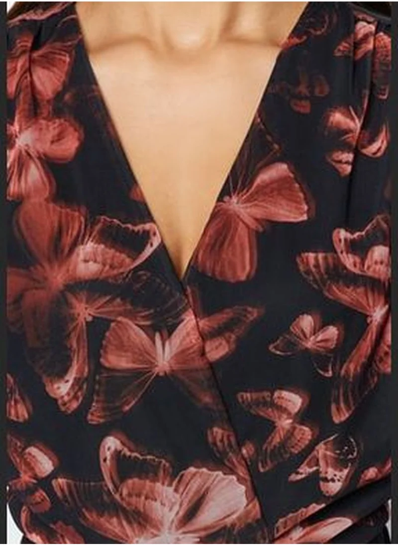trendyol Black Printed Double Breasted Collar Long Sleeves With Snap Buttons Flexible Tulle Knitted Body TWOAW24BD00037