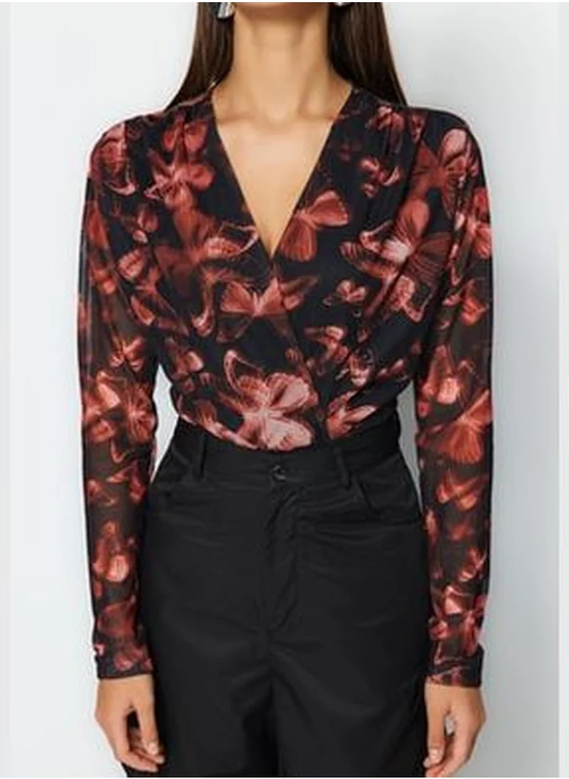 trendyol Black Printed Double Breasted Collar Long Sleeves With Snap Buttons Flexible Tulle Knitted Body TWOAW24BD00037