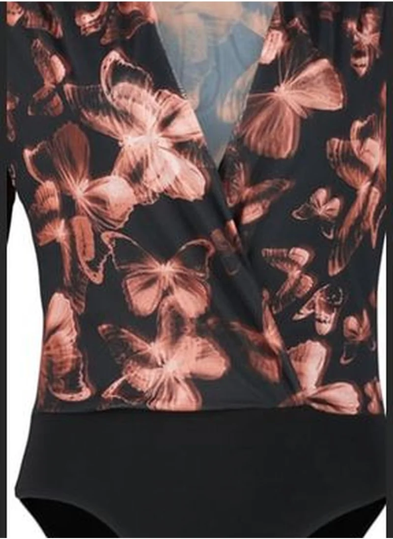 trendyol Black Printed Double Breasted Collar Long Sleeves With Snap Buttons Flexible Tulle Knitted Body TWOAW24BD00037
