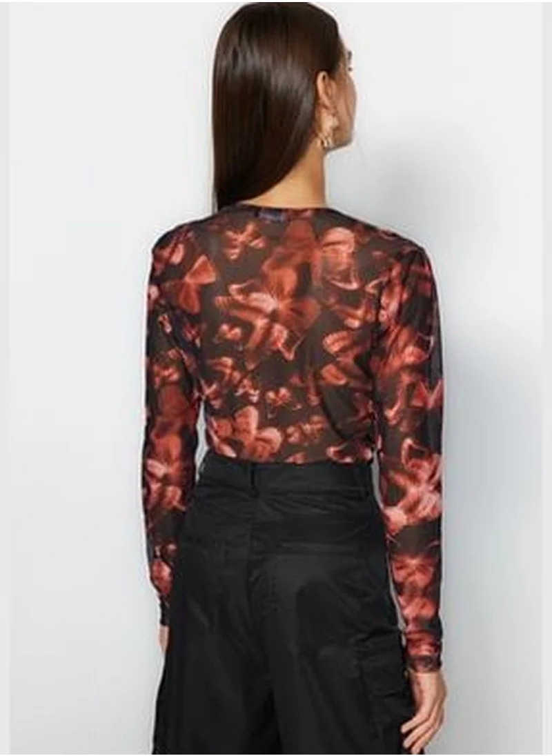 trendyol Black Printed Double Breasted Collar Long Sleeves With Snap Buttons Flexible Tulle Knitted Body TWOAW24BD00037