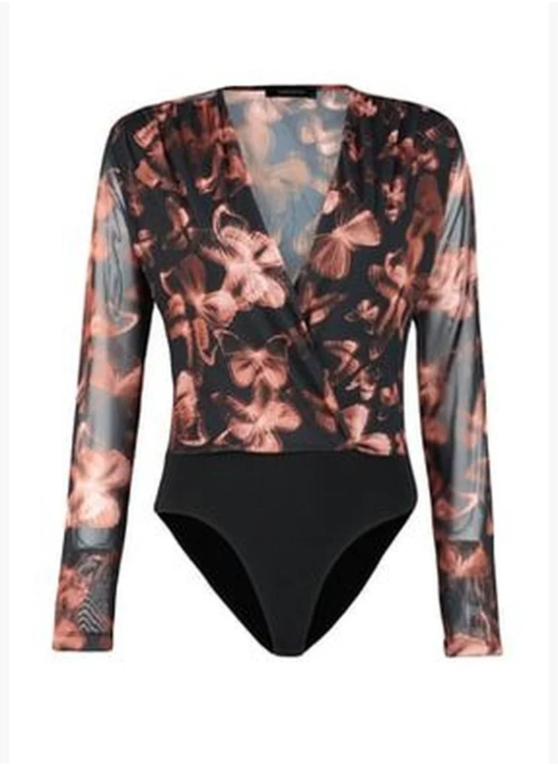 trendyol Black Printed Double Breasted Collar Long Sleeves With Snap Buttons Flexible Tulle Knitted Body TWOAW24BD00037