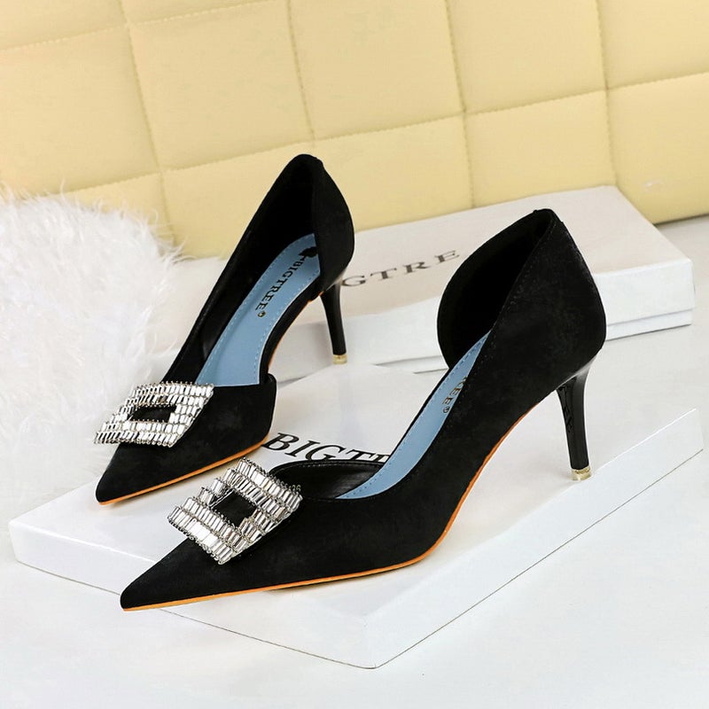6168-Ak50 Korean Fashion Banquet Women'S Shoes Thin Heeled High Heeled Cloth Shallow Mouth Pointed Metal Diamond Buckle Shoes - Image 1