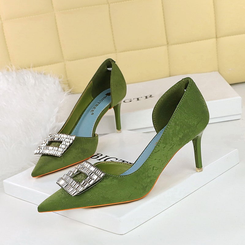 6168-Ak50 Korean Fashion Banquet Women'S Shoes Thin Heeled High Heeled Cloth Shallow Mouth Pointed Metal Diamond Buckle Shoes - Image 4