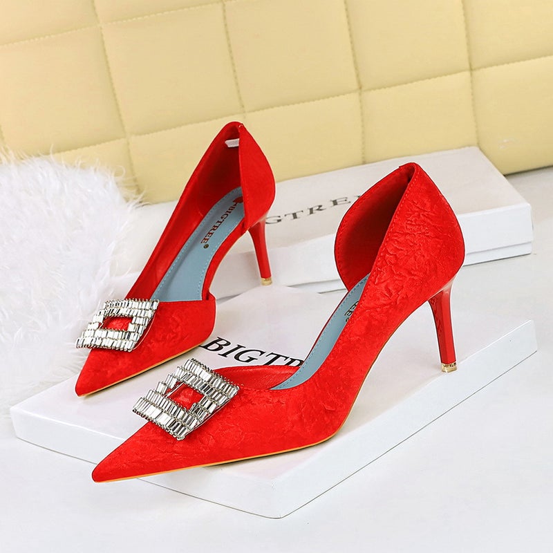 6168-Ak50 Korean Fashion Banquet Women'S Shoes Thin Heeled High Heeled Cloth Shallow Mouth Pointed Metal Diamond Buckle Shoes - Image 2