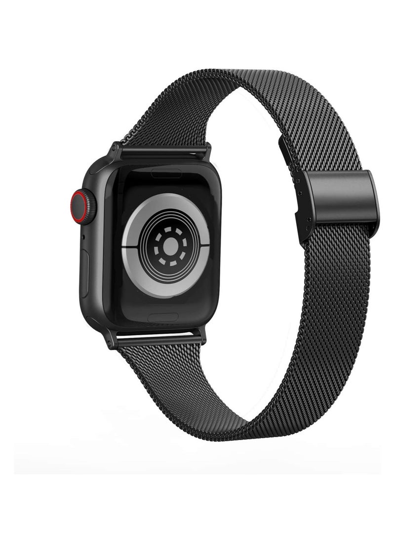 O Ozone - Milanese Straps for Apple Watch Series 10 9 8 7 6 5 4 SE, 38/40/41/42mm, Stainless Steel Metal Narrow Slim Thin Replacement Strap for Women -Black - Image 1