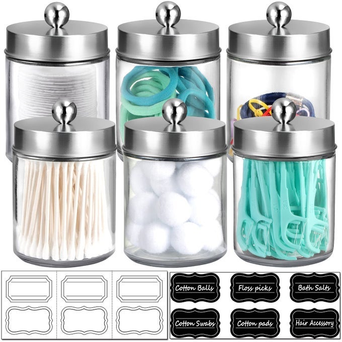 6PC APOTHECARY JARS BATHROOM VANITY ORGANIZER RUSTIC FARMHOUSE DECOR STORAGE CANISTERSTAINLESS STEEL LIDS QTIP DISPENSER FOR QTIPSCOTTON SWABSROUNDSBALLFLOSSERS BRUSHED NICKEL