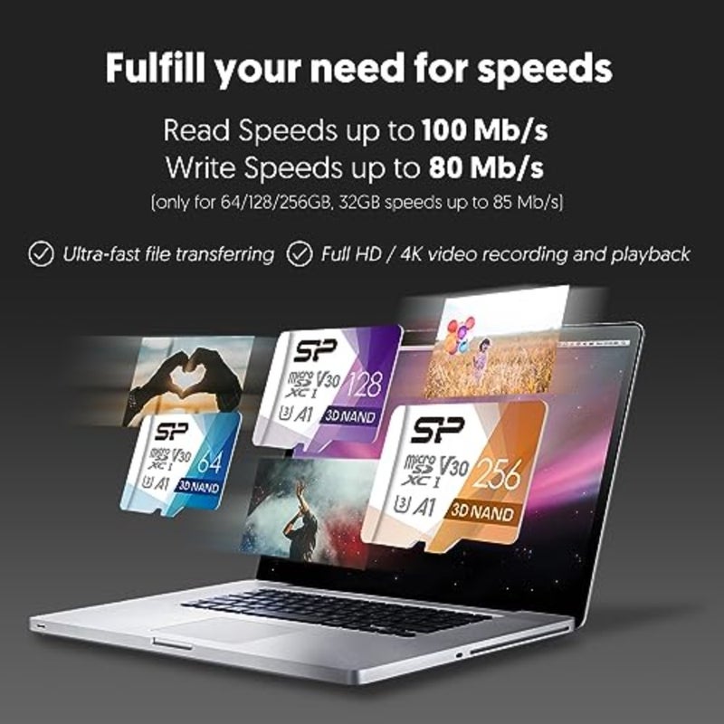 بطاقة microSDXC لتسجيل الفيديو بدقة 4K UHD لكاميرات الحركة والطائرات بدون طيار، بوليمر السيليكون، أسود، سرعة قراءة تصل إلى 100 ميجابايت/ثانية، تصنيف U3 C10 A1 V30 مع محول - Image 4