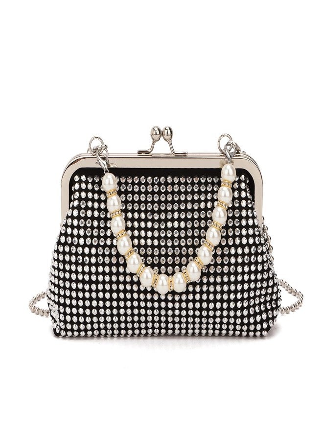 SUKUTU Women Luxury Full Rhinestone Shoulder Bag Noble Kiss Lock Crystal Messenger Bag Clutch Handbag with Pearl Beaded Chain - Image 1