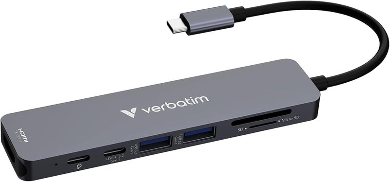 فيرباتيم محور فيرباتيم USB-C Essentials متعدد المنافذ – 7 منافذ: (2) USB-A 3.0/3.2 Gen 1، (2) USB-C 3.0/3.2 Gen 1، فتحات بطاقات SD وMicro SD مع HDMI بدقة 4K وشحن بقدرة تصل إلى 100 واط - Image 1