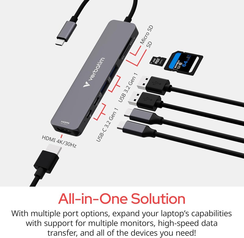 فيرباتيم محور فيرباتيم USB-C Essentials متعدد المنافذ – 7 منافذ: (2) USB-A 3.0/3.2 Gen 1، (2) USB-C 3.0/3.2 Gen 1، فتحات بطاقات SD وMicro SD مع HDMI بدقة 4K وشحن بقدرة تصل إلى 100 واط - Image 5