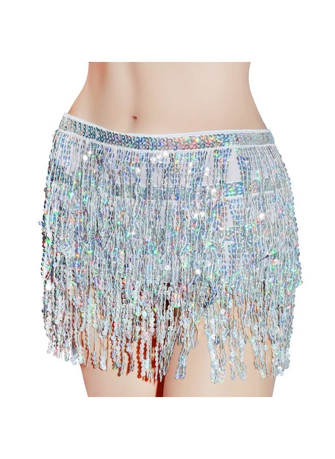SUMERSHA - SUMERSHA Belly Dance Hip Scarf Sequin Tassel Skirt Sparkly Fringe Skirt Wrap Halloween Costume Party Rave Clothing, Silver - Image 1