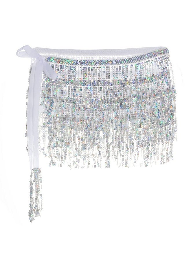 SUMERSHA - SUMERSHA Belly Dance Hip Scarf Sequin Tassel Skirt Sparkly Fringe Skirt Wrap Halloween Costume Party Rave Clothing, Silver - Image 1